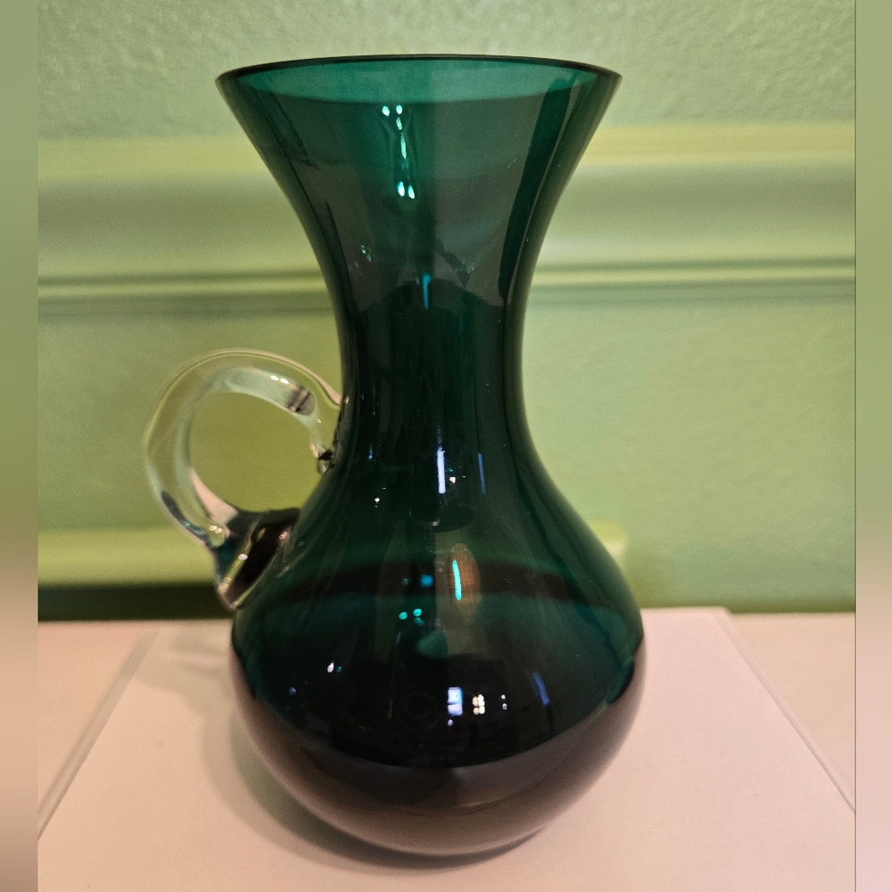 Vintage MCM handblown emerald green vase or pitcher 6"